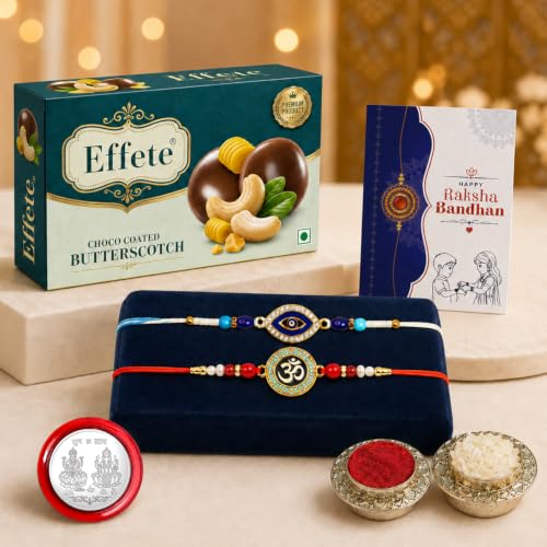 Evil Eye, Om Rakhi Combo - Raksha Bandhan Gift with Choco Butterscotch 32gm, Pack of 6 - Image 2