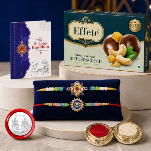 Evil Eye, OM Rakhi Combo - Raksha Bandhan Gift with Choco Butterscotch 32gm, Pack of 6 - Image 2