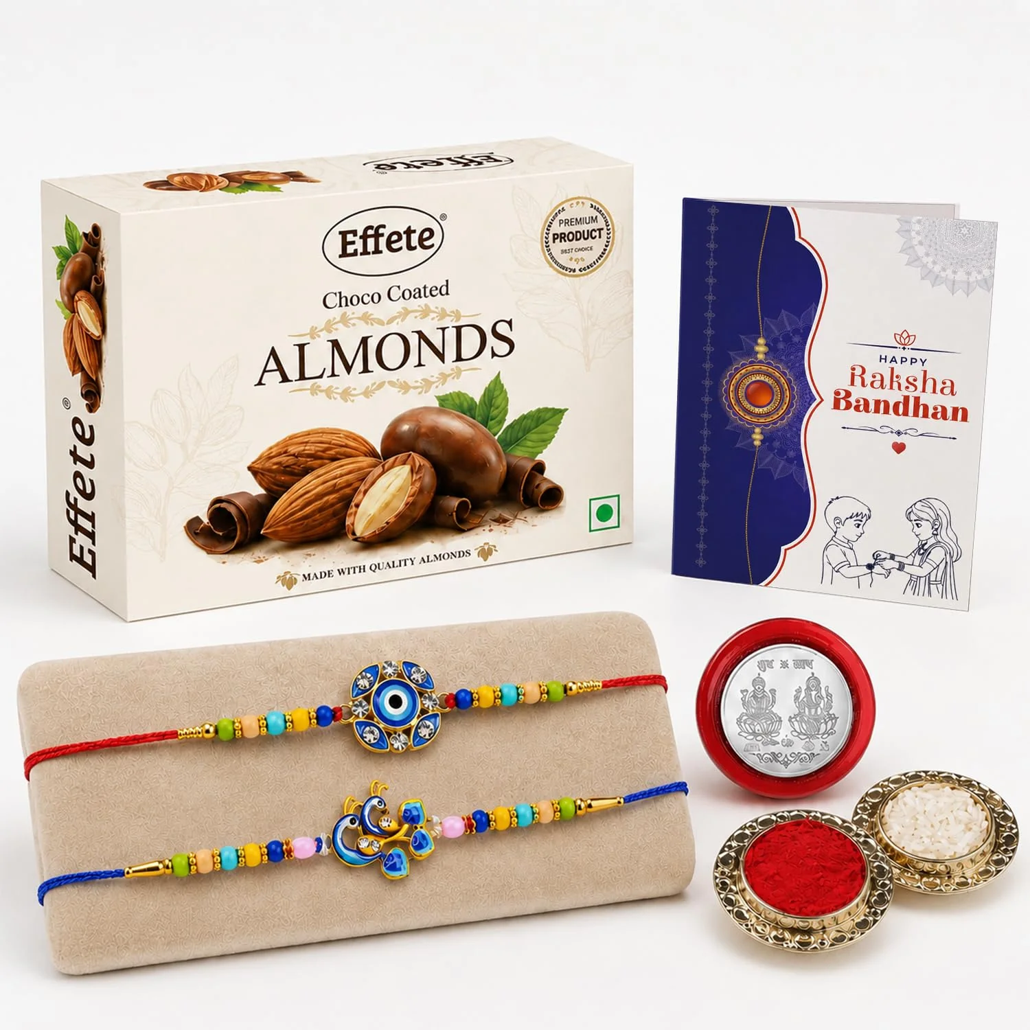 Evil Eye, Peacock Rakhi Combo - Raksha Bandhan Gift with Choco Almonds 32gm, Pack of 6 - Image 5