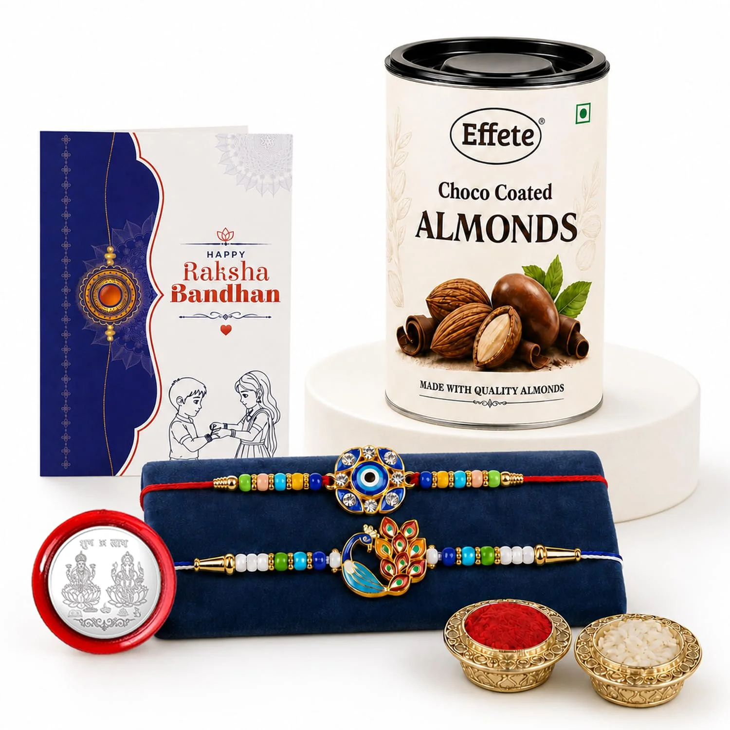 Evil Eye, Peacock Rakhi Combo - Raksha Bandhan Gift with Choco Almonds 96gm, Pack of 6 - Image 6