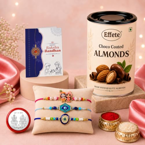 Evil Eye Rakhi Combo - Raksha Bandhan Gift with Choco Almonds 96gm, Pack of 7 | Rakhi Gift - Image 2