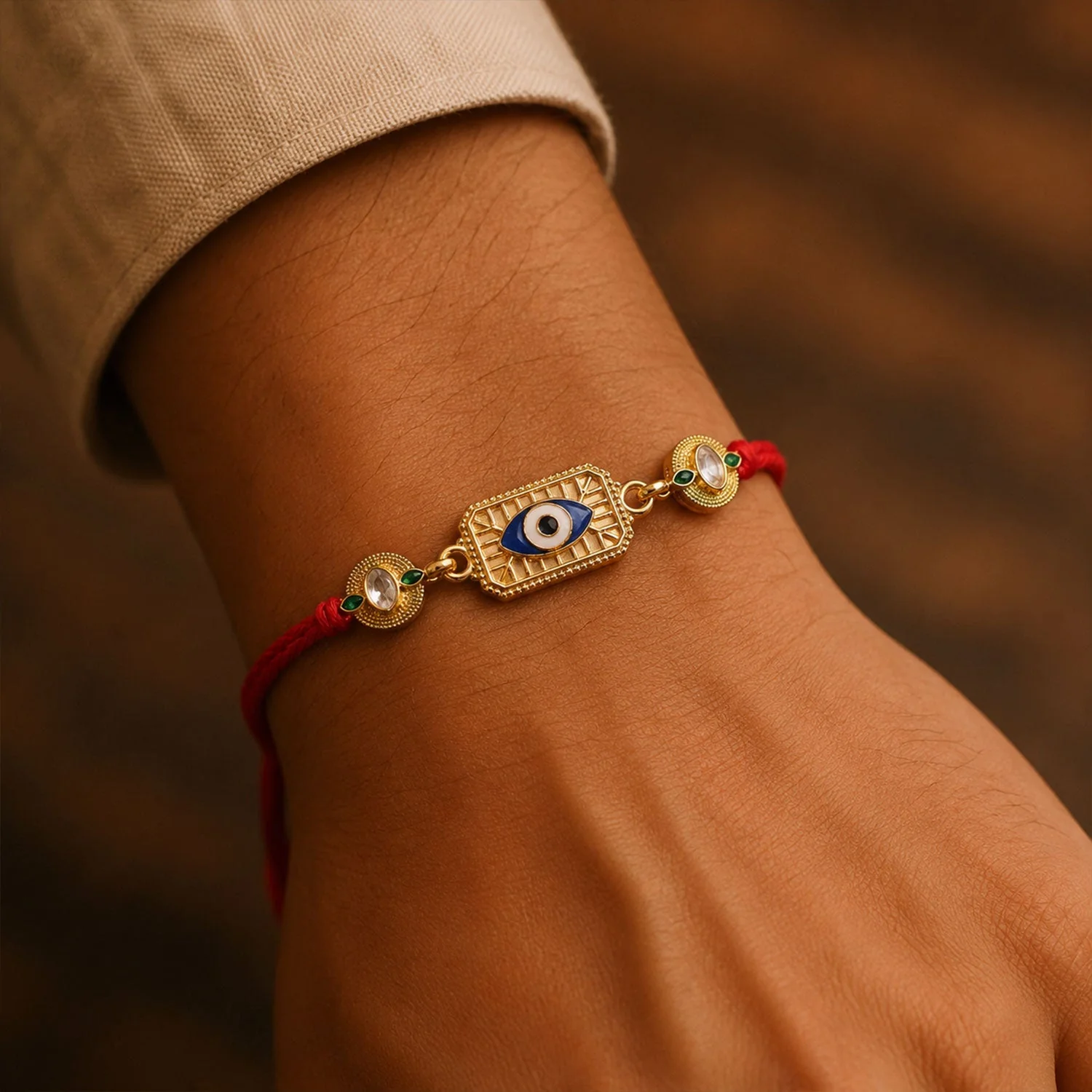 Evil Eye Rakhi – Unique Stone-Studded Gold Tone Design for Rakshabandhan - Image 2