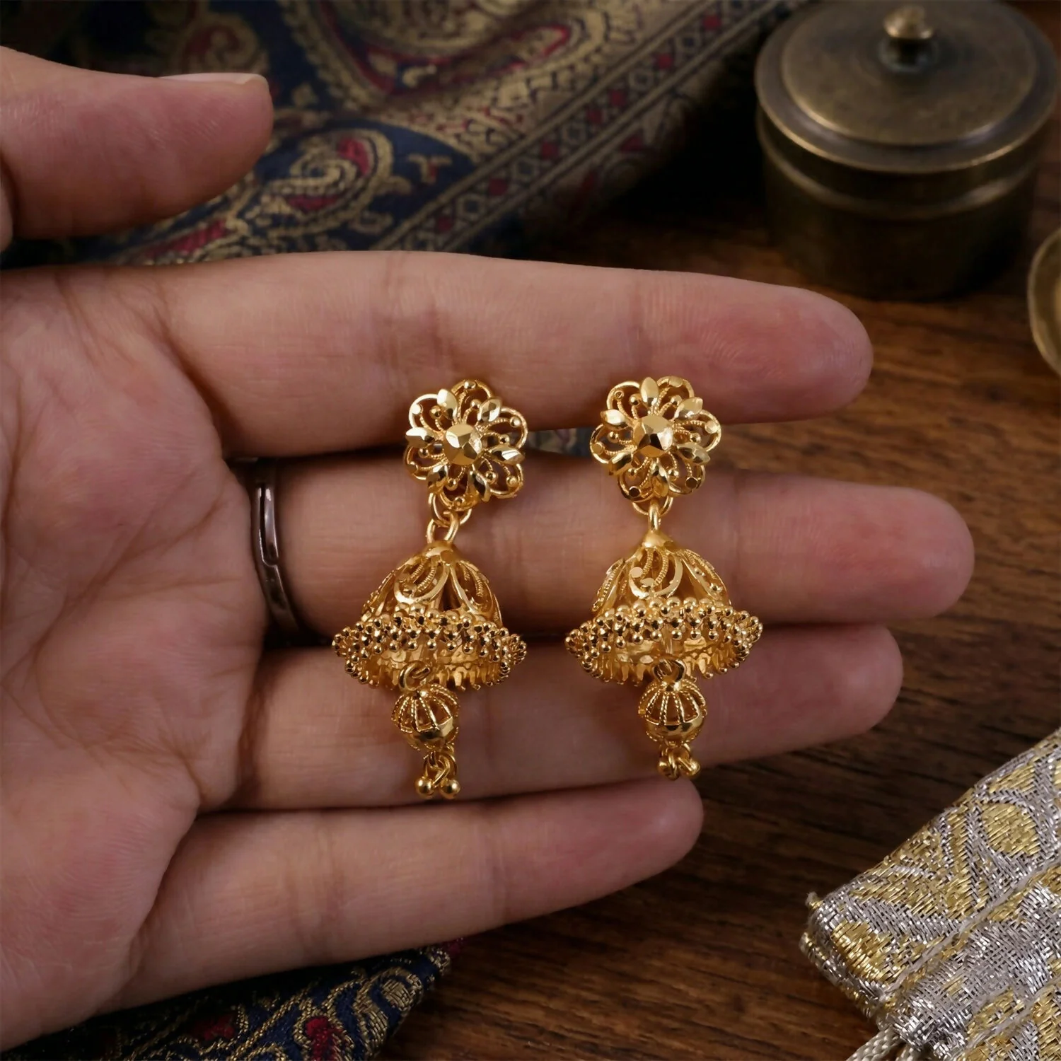 Ethnic Jhumki Earrings – Traditional Gold-Toned Wedding Jewelry - Image 2
