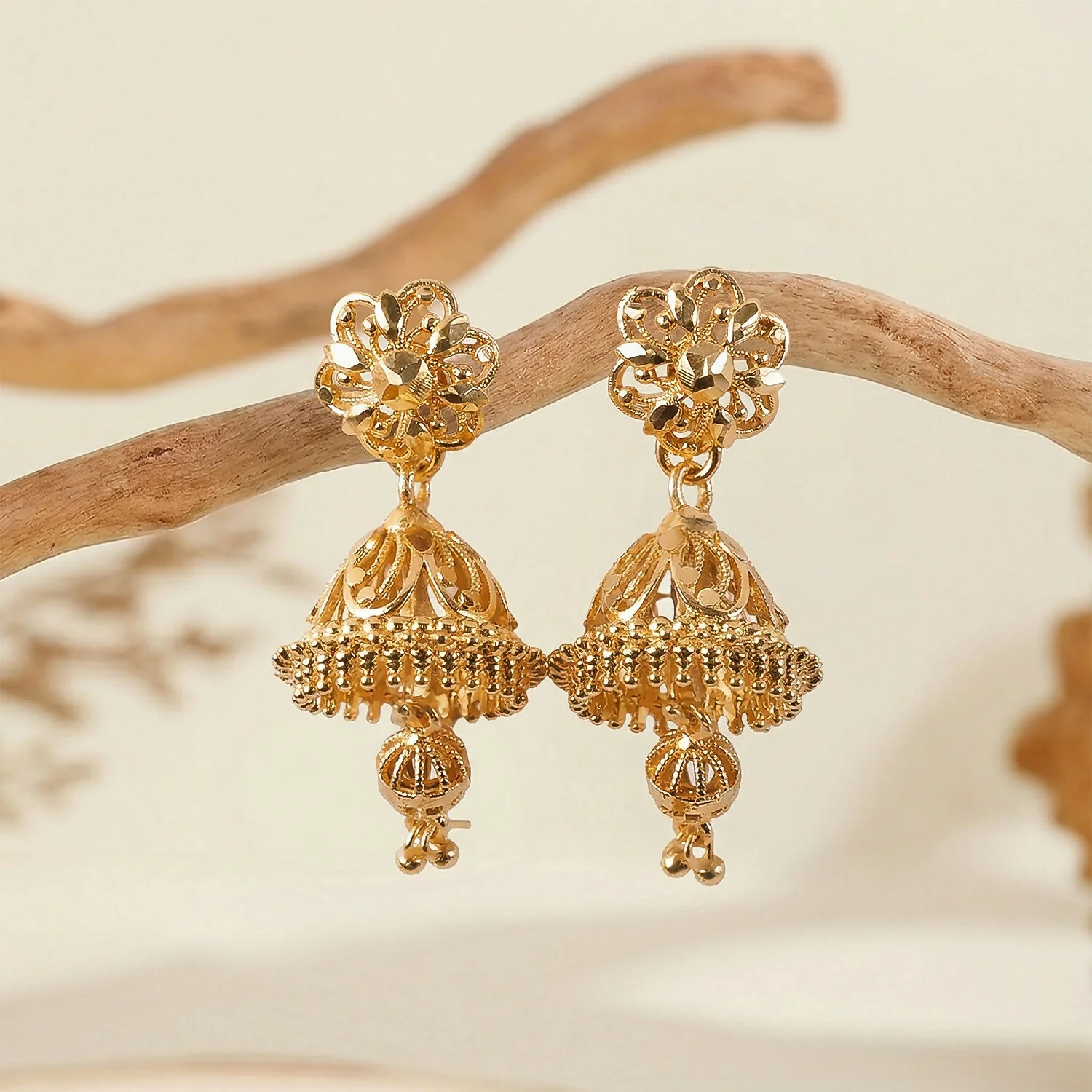 Ethnic Jhumki Earrings – Traditional Gold-Toned Wedding Jewelry - Image 4