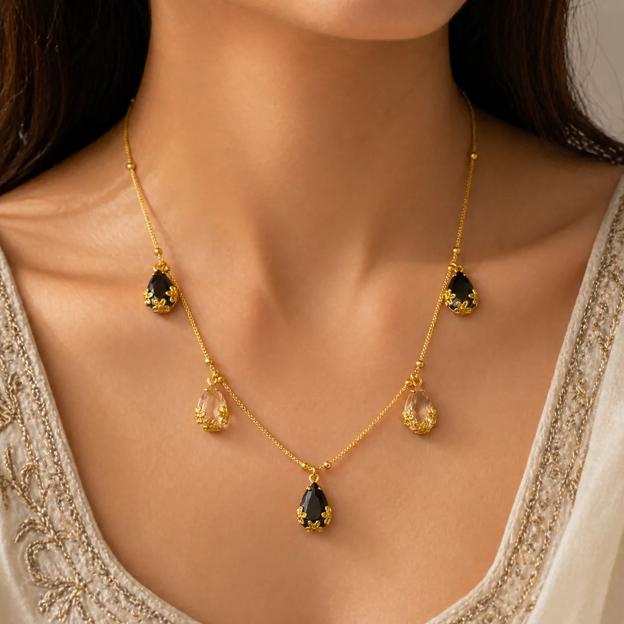 Elegant Peach Bead and Pearl Choker Jewelry Set with Maang Tikka & Floral Earrings - Image 2