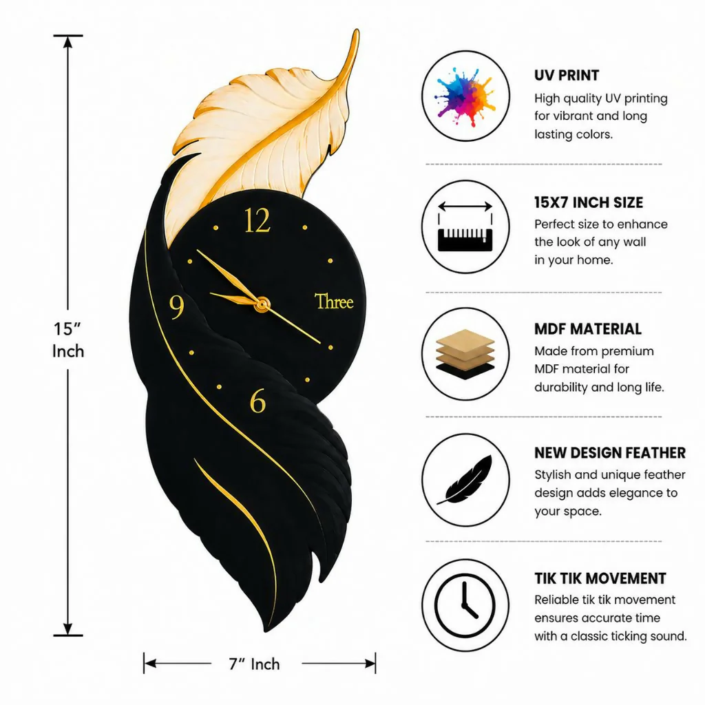 Modern Feather Wall Clock – Elegant Black & Gold Finish - Image 2