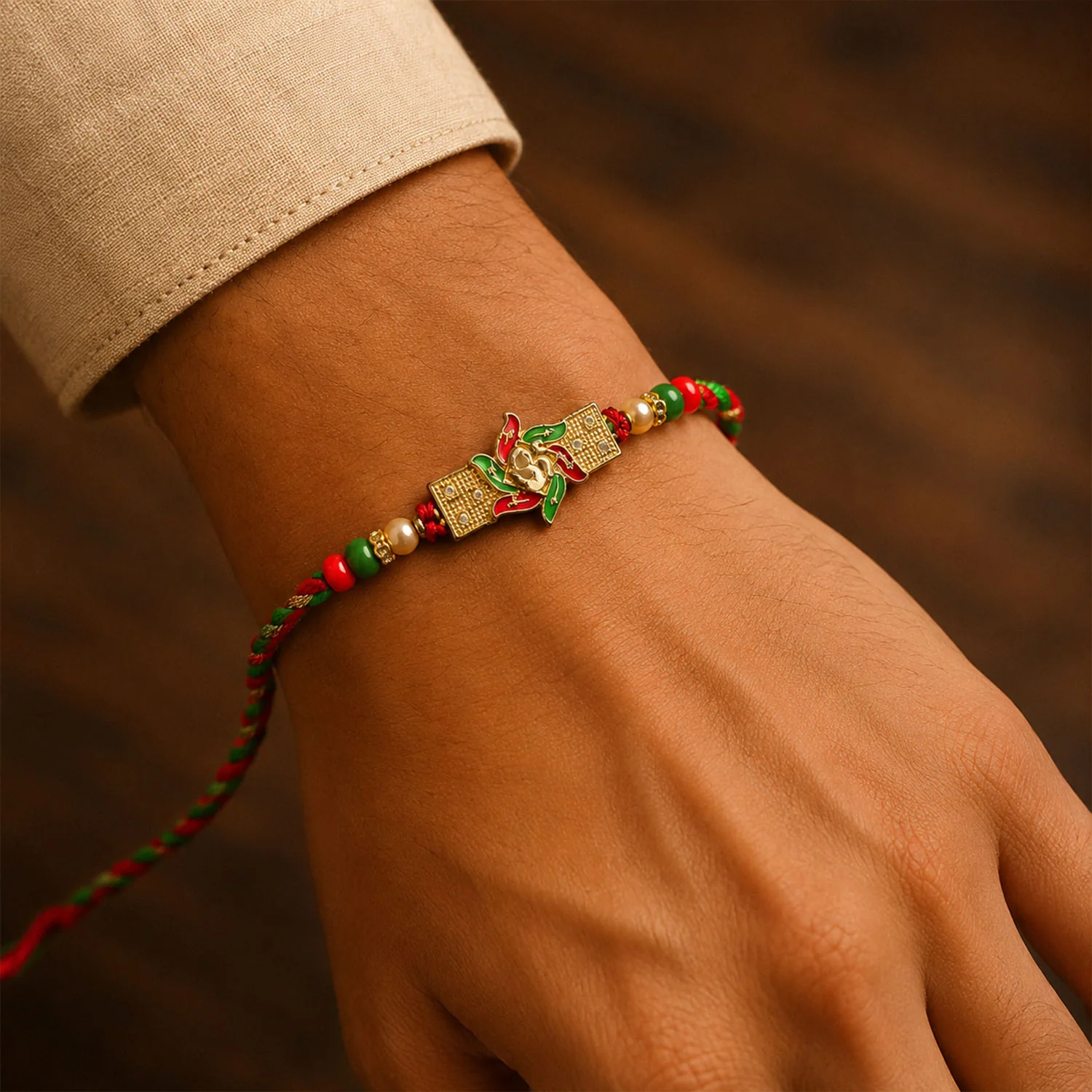Festive Red & Green Meenakari Pinwheel AD Stone Rakhi for Brother Gift - Image 4