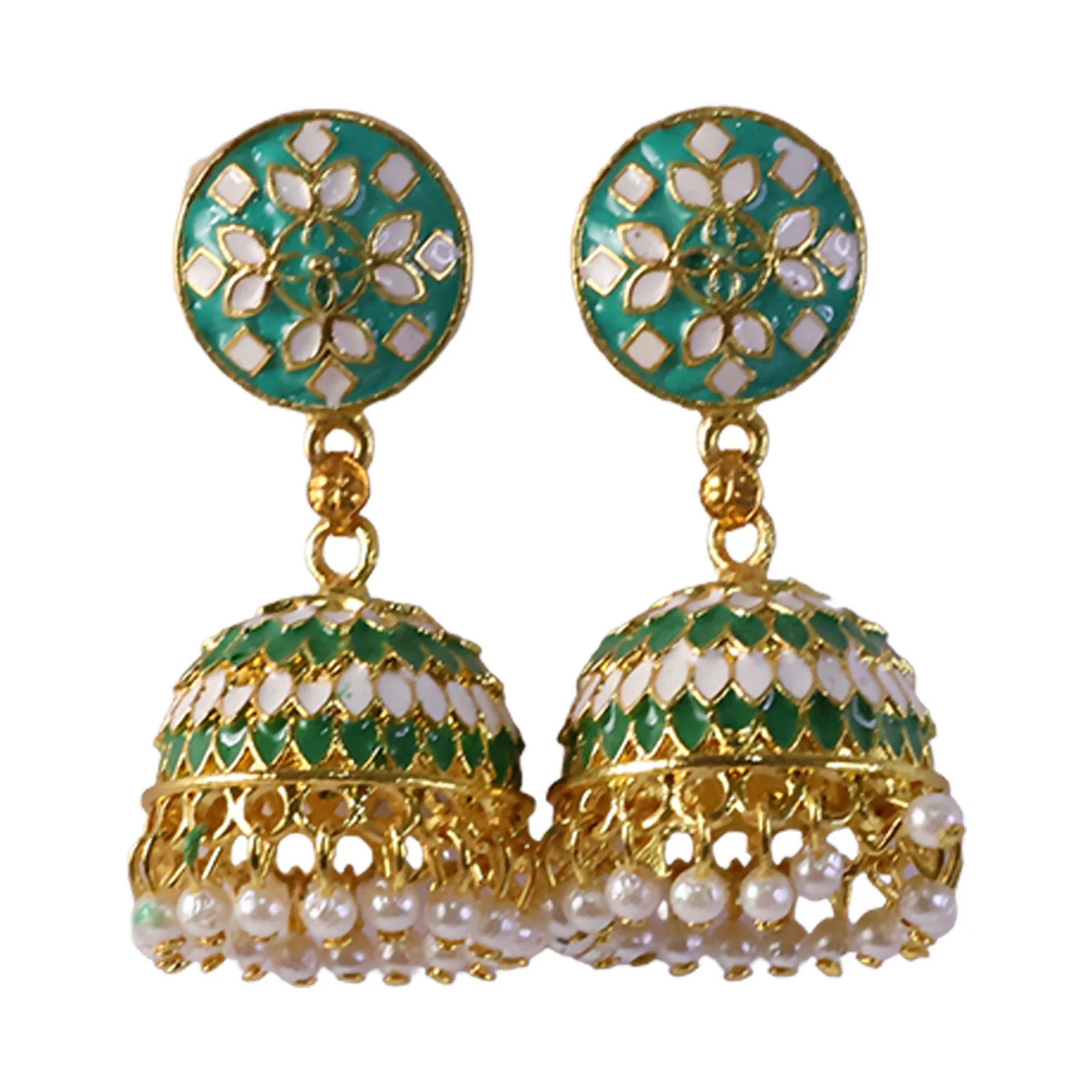 Green Floral Jhumka Earrings – Elegant Pearl Detailing for Women - Image 4