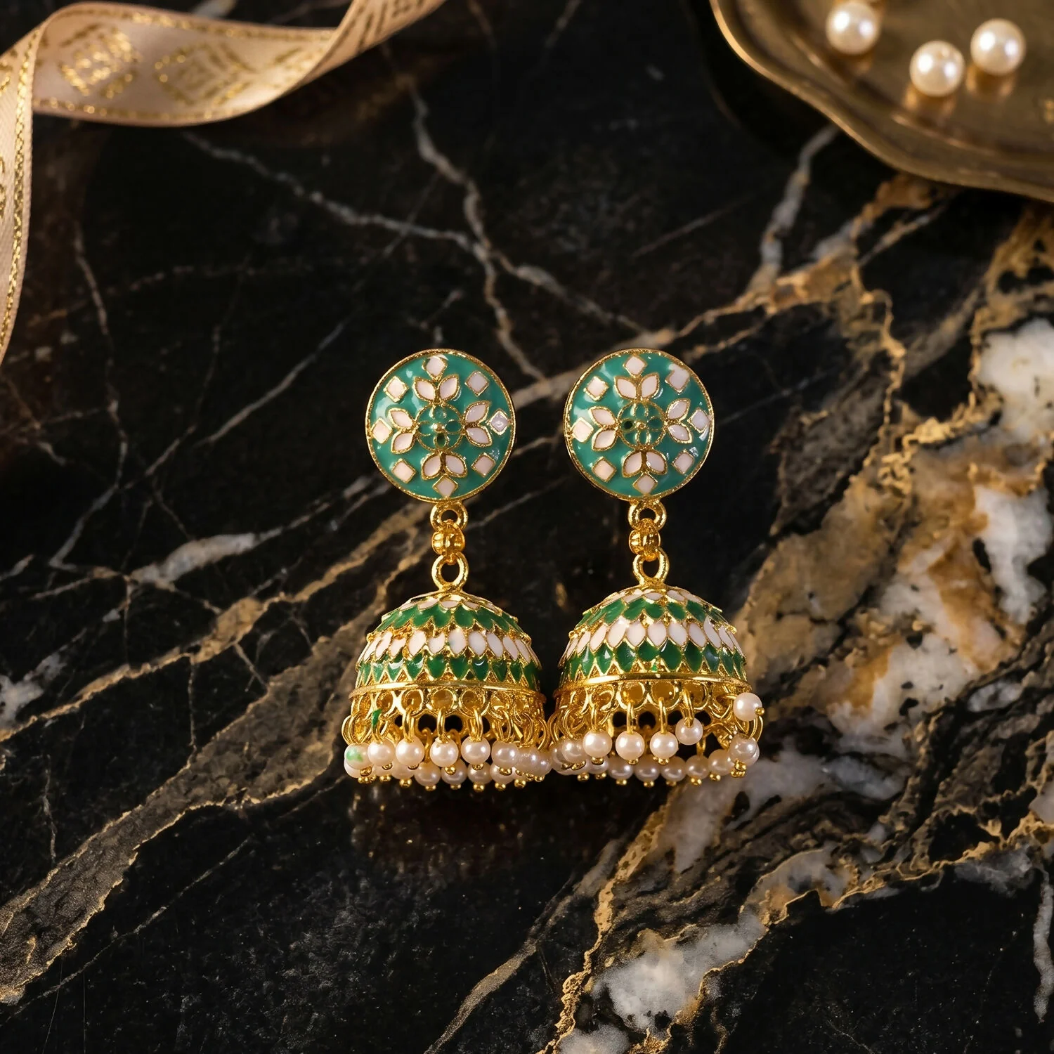 Green Floral Jhumka Earrings – Elegant Pearl Detailing for Women - Image 6