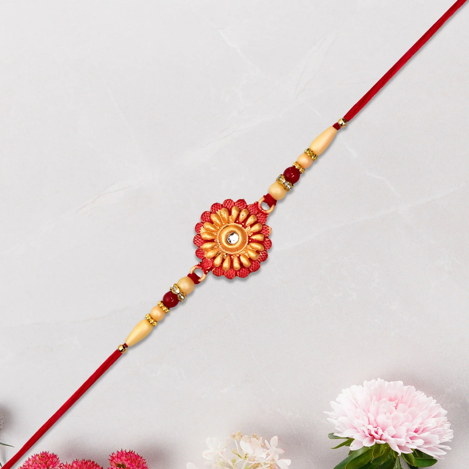 Floral Bead Rakhi – Elegant Central Stone Design for Raksha Bandhan - Image 3