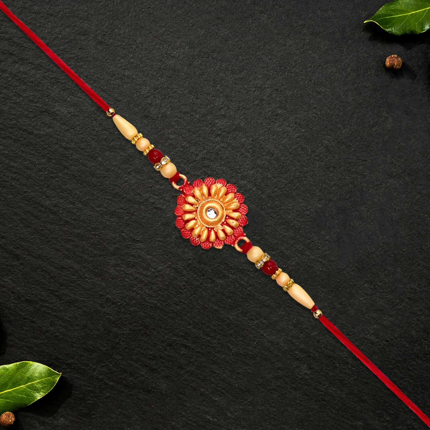 Floral Bead Rakhi – Elegant Central Stone Design for Raksha Bandhan - Image 4