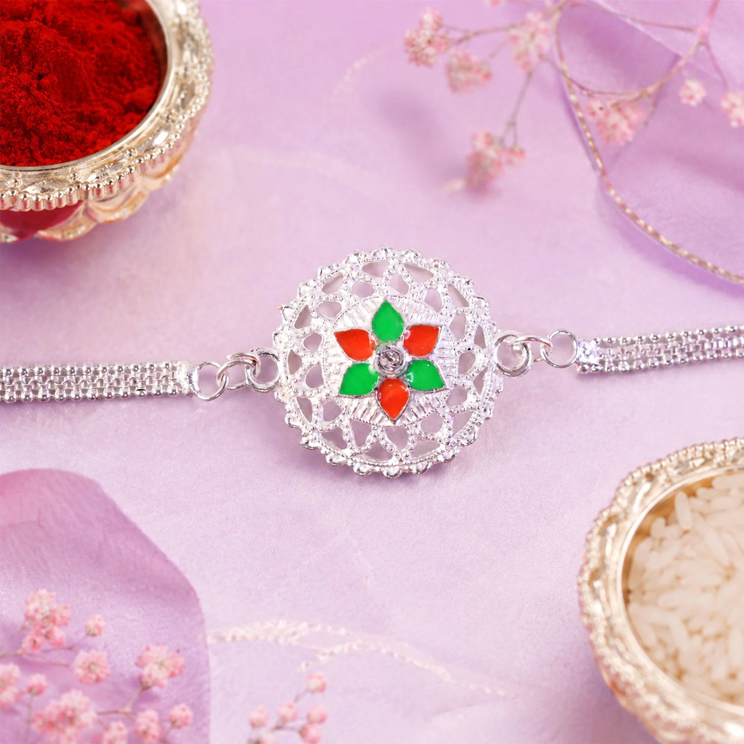 Floral Center Stone Studded Chain Rakhi for Brother - Image 2