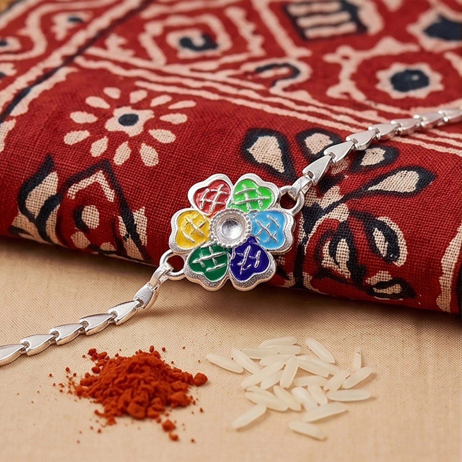 Floral Cluster Meenakari Kundan Stone Chain Rakhi for Brother - Image 2