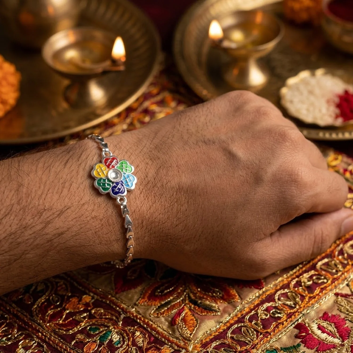 Floral Cluster Meenakari Kundan Stone Chain Rakhi for Brother - Image 3