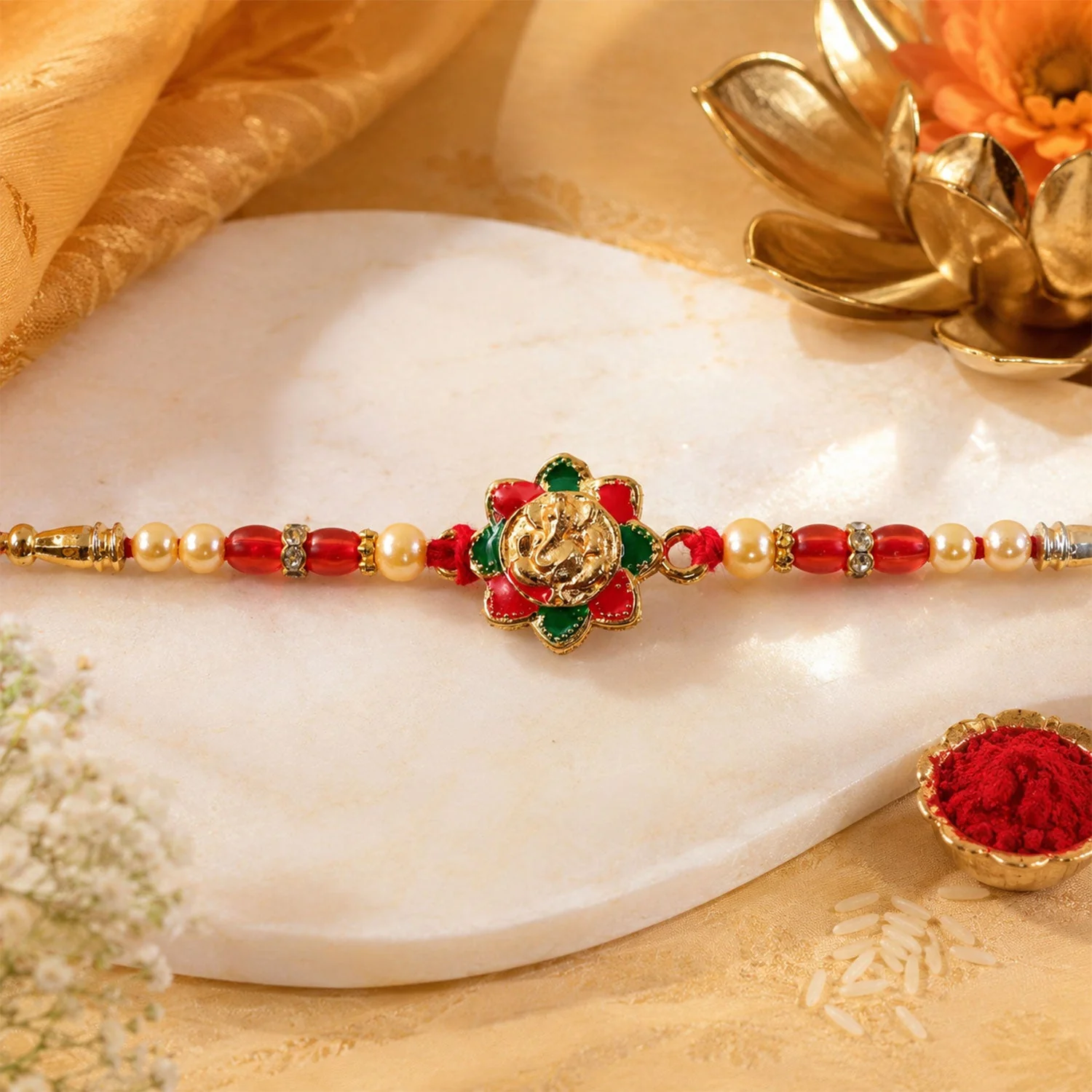 Floral Ganesha charm Designer Premium Traditional Rakhi for Brother - Image 4