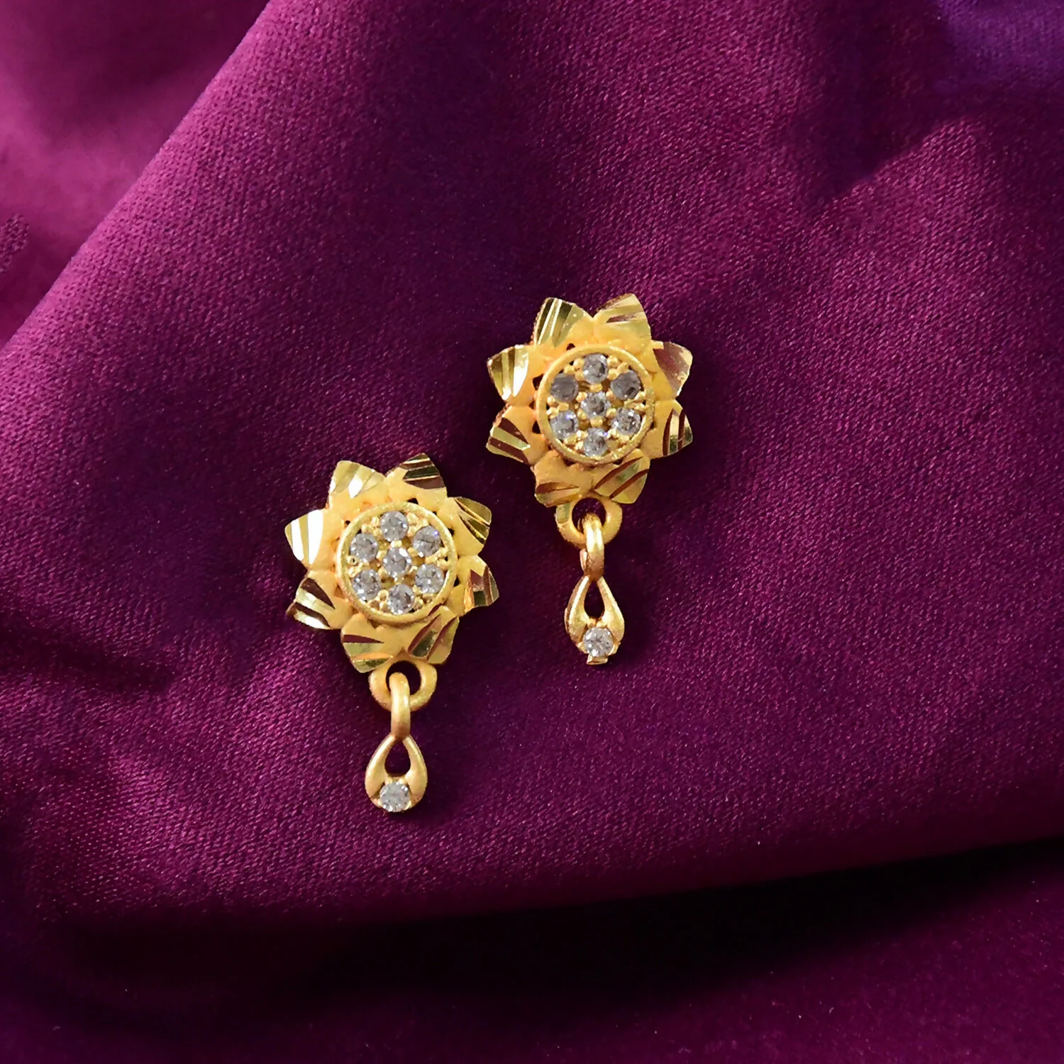 Gold Finish Drop Earrings – Floral Design with Sparkling Stones - Image 4