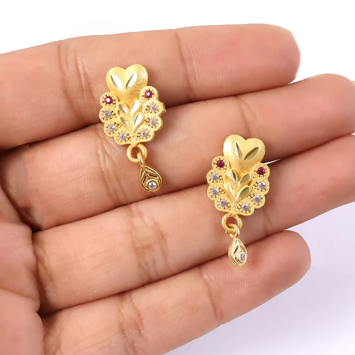 Gold Stud Earrings with Floral Design and Teardrop Dangle - Image 4