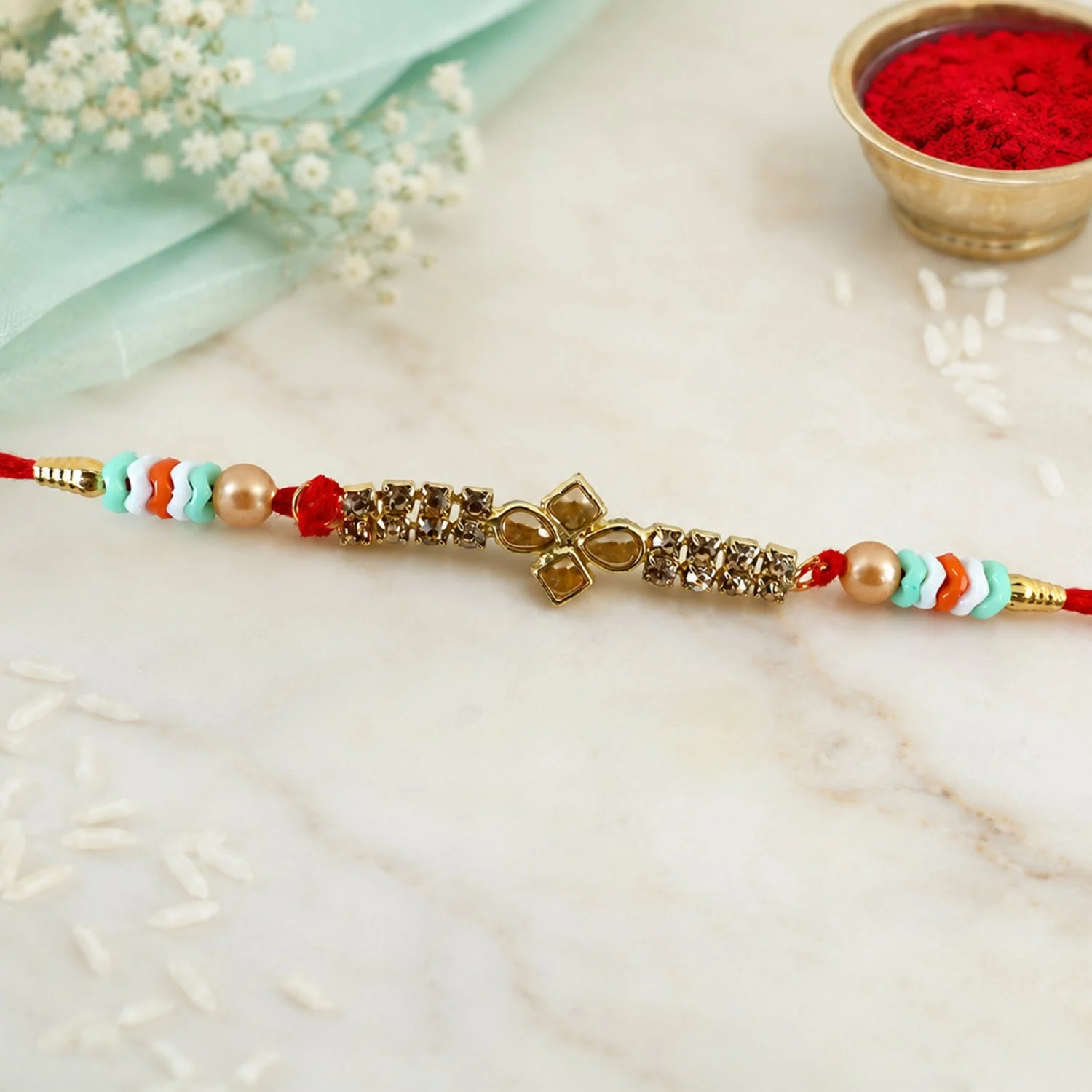Floral Kundan Rakhi for Brother - Crystal Bead Pearl Design - Image 2