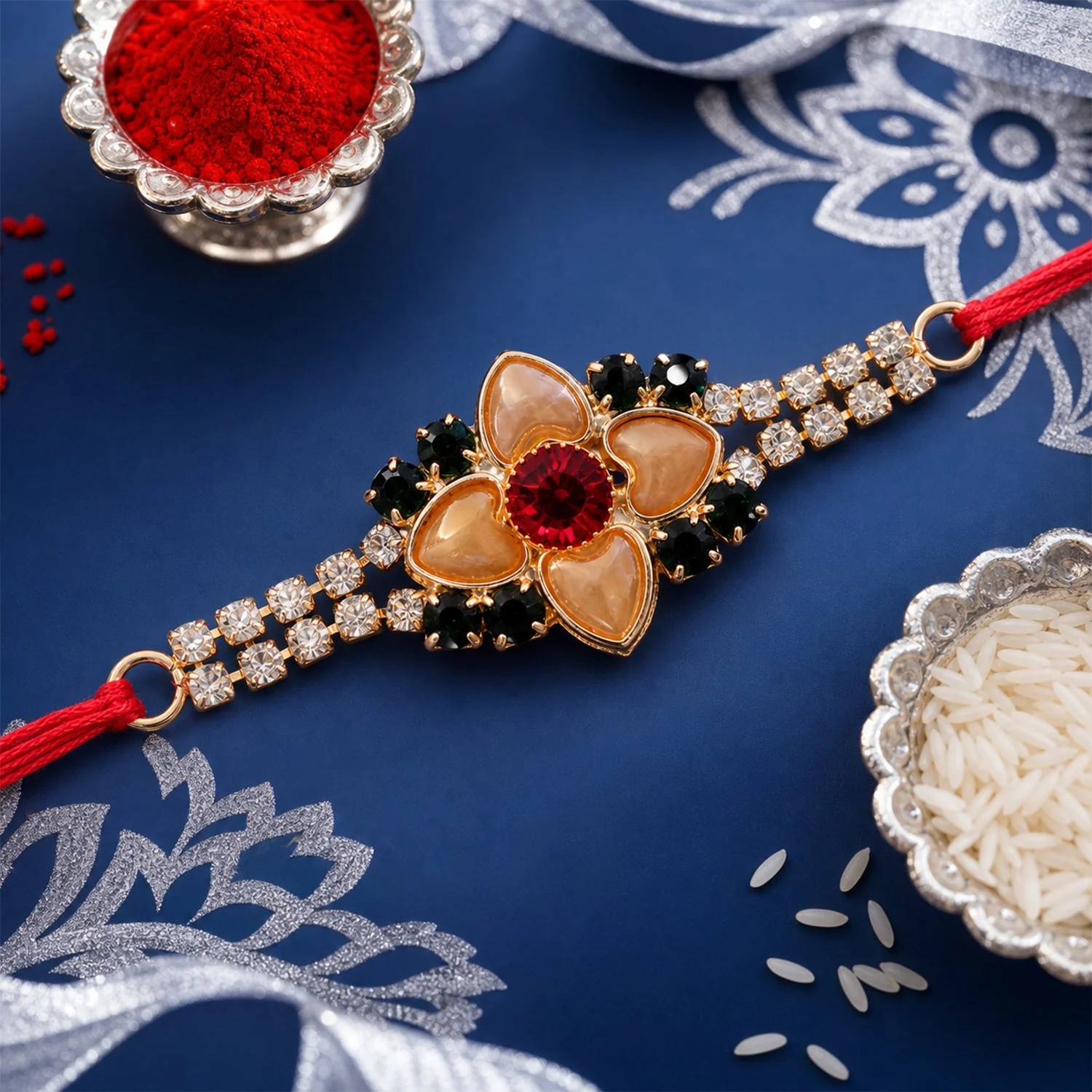 Floral Petal Stone Studded Premium Designer Rakhi for Brother - Image 2