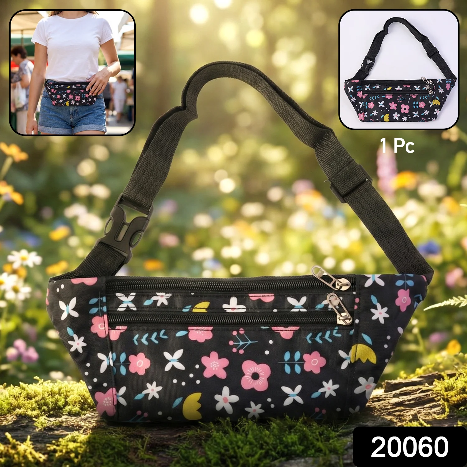 Floral Print Waist Bag – Adjustable Strap with Zipper Pockets - Image 2