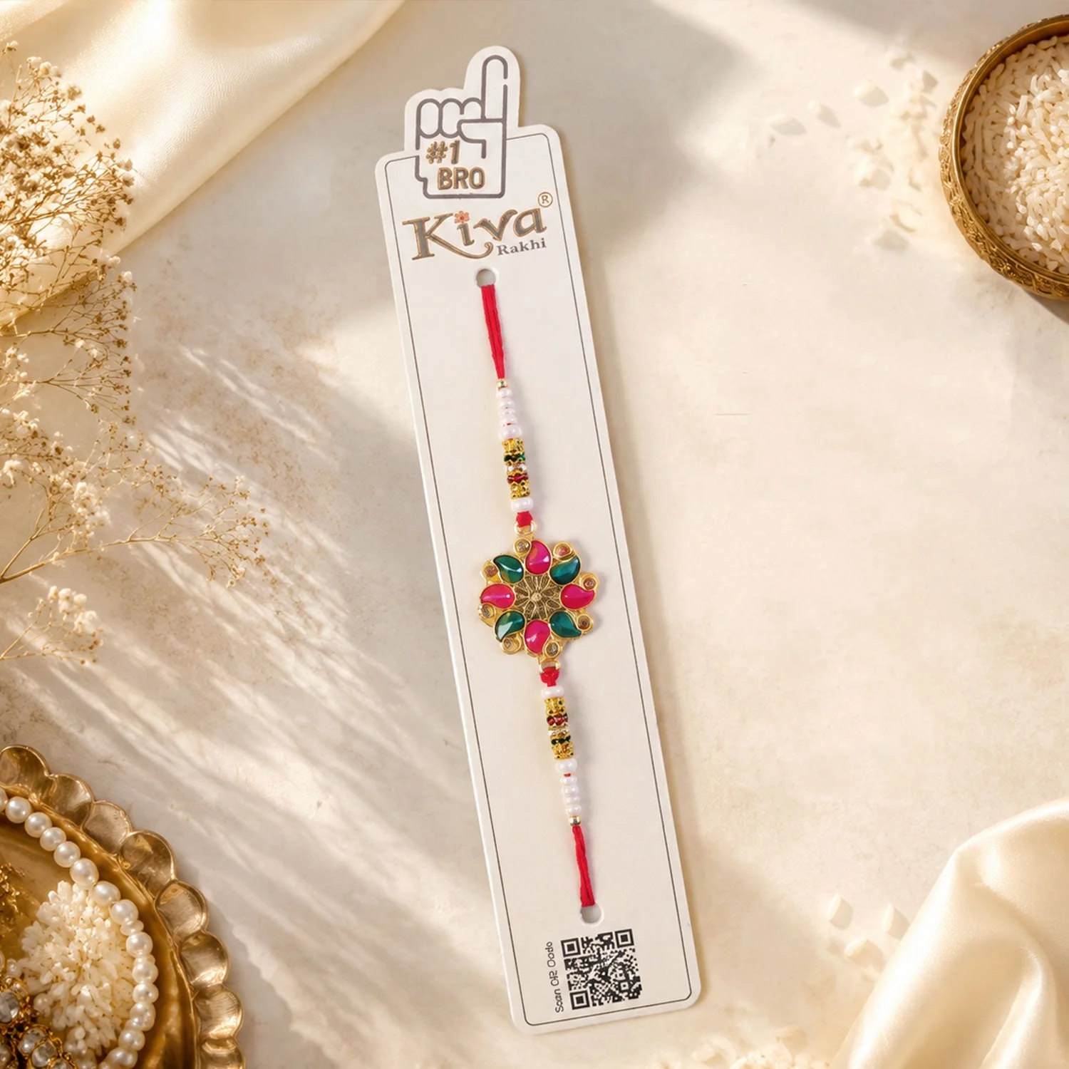 Premium Floral Stone Designer Rakhi for Brother with Kundan Bead Work - Image 4