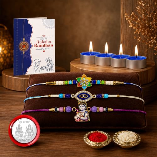 Flower, Evil Eye Rakhi Combo - Raksha Bandhan Gift with Tealight Candles 4pcs, Pack of 7 - Image 2