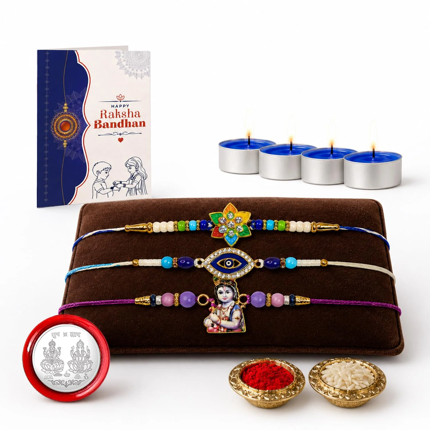 Flower, Evil Eye Rakhi Combo - Raksha Bandhan Gift with Tealight Candles 4pcs, Pack of 7 - Image 3