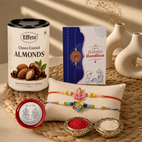 Flower, Ganesha Rakhi Combo - Raksha Bandhan Gift with Choco Almonds 96gm, Pack of 6 - Image 2