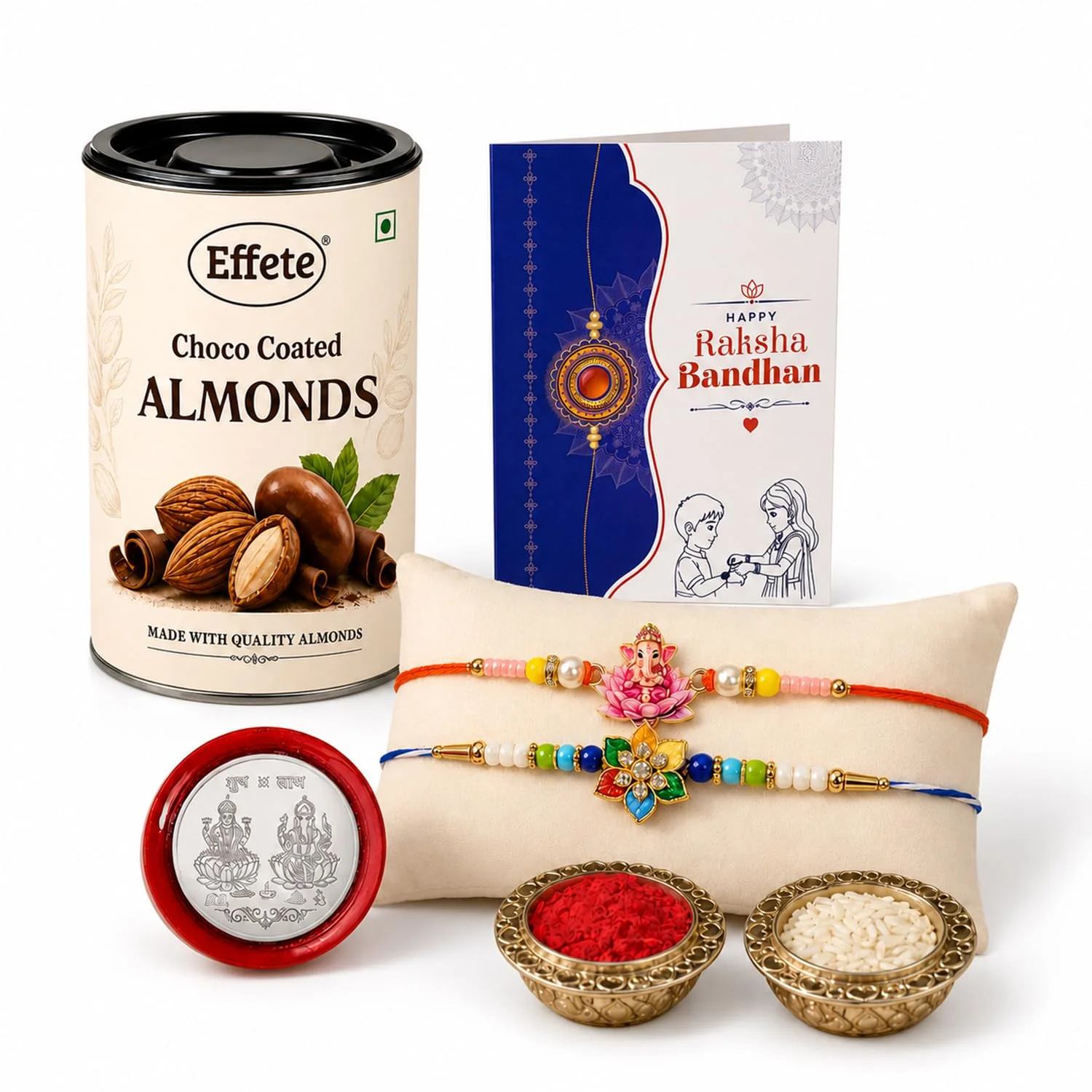 Flower, Ganesha Rakhi Combo - Raksha Bandhan Gift with Choco Almonds 96gm, Pack of 6 - Image 5