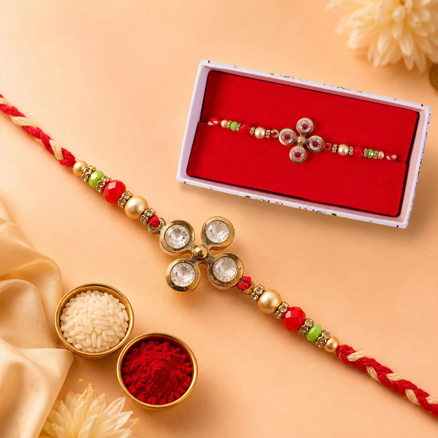 Four Crystal Clover Rakhi with Antique Gold Bezels, Red-Green Crystal & Golden Beads