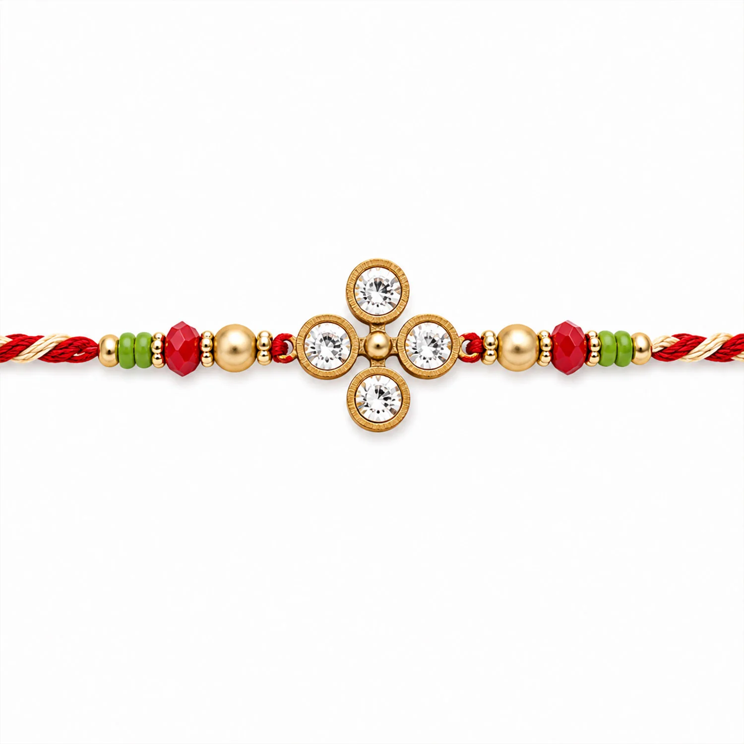 Four Crystal Clover Rakhi with Antique Gold Bezels, Red-Green Crystal & Golden Beads - Image 4