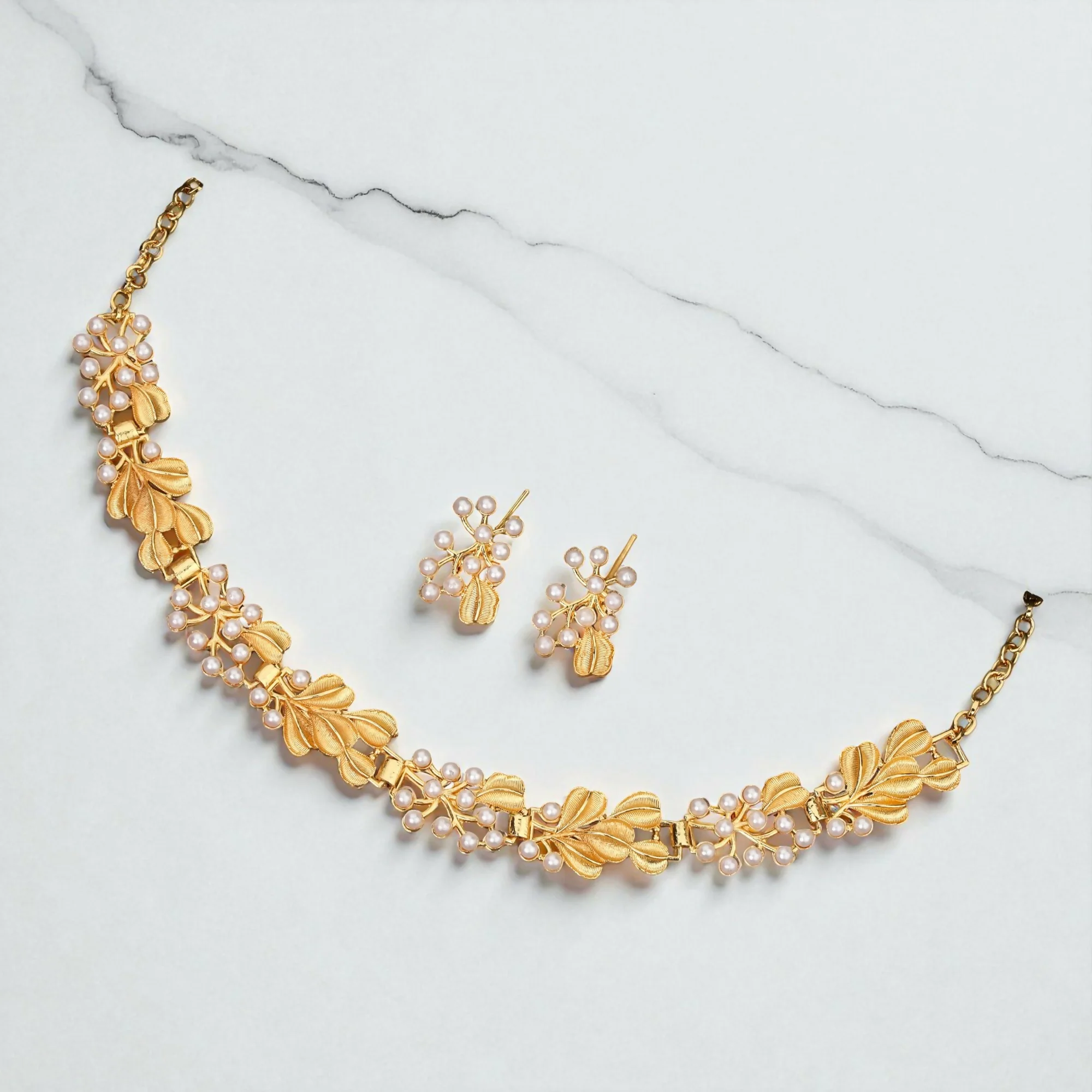 Faux Pearl Choker with Gold Floral Pendant – Elegant Multi-Strand Design