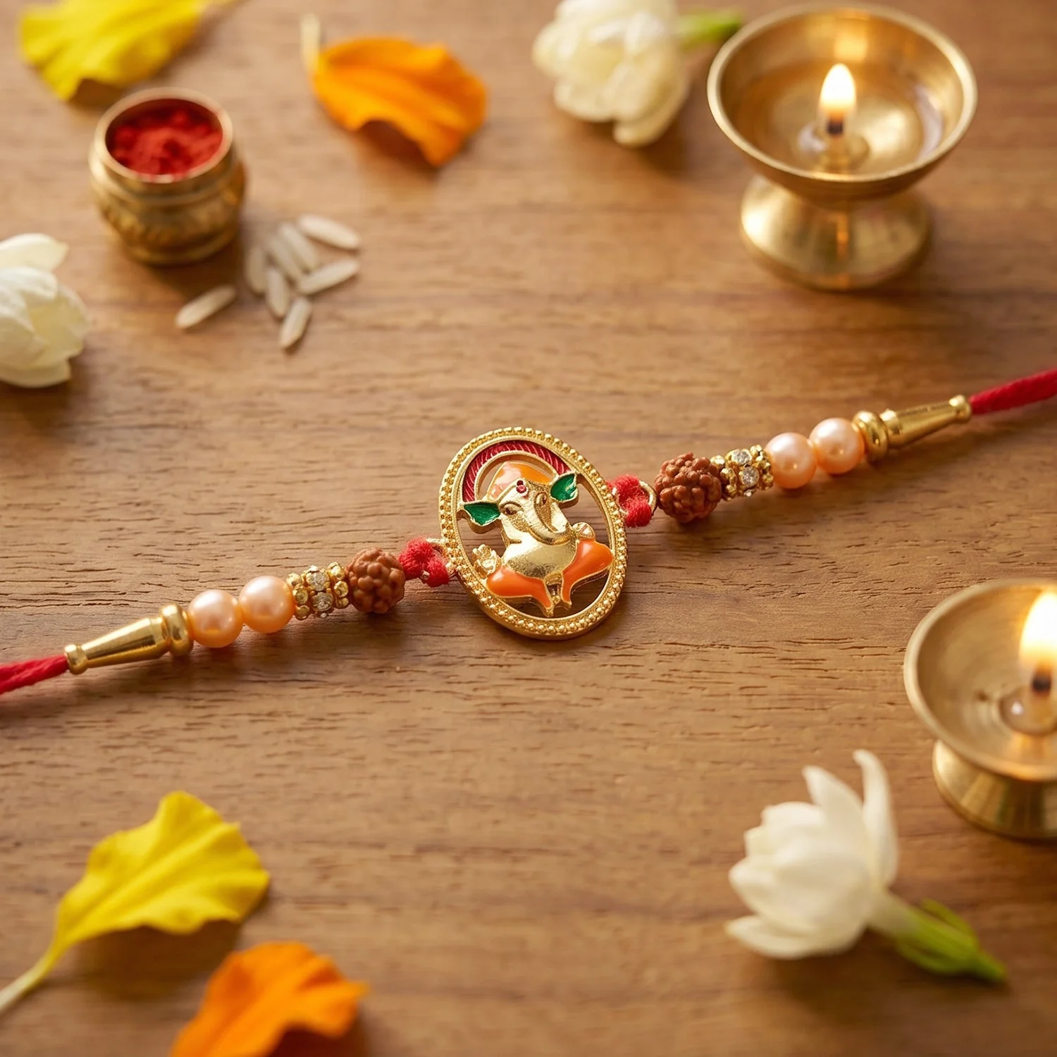 Ganesh Design Rakhi – Elegant Rudraksha Beads for Raksha Bandhan - Image 2