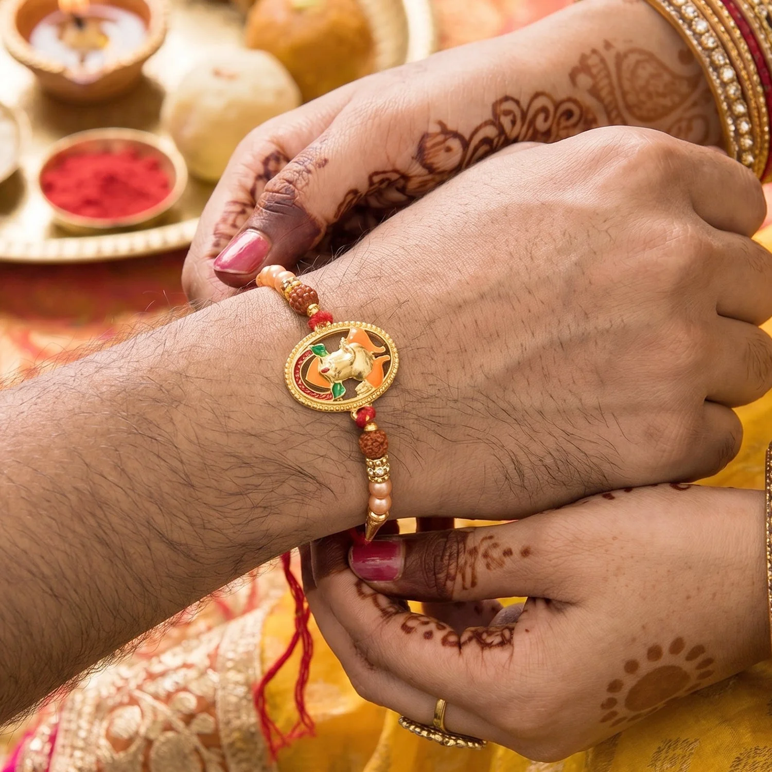 Ganesh Design Rakhi – Elegant Rudraksha Beads for Raksha Bandhan - Image 3