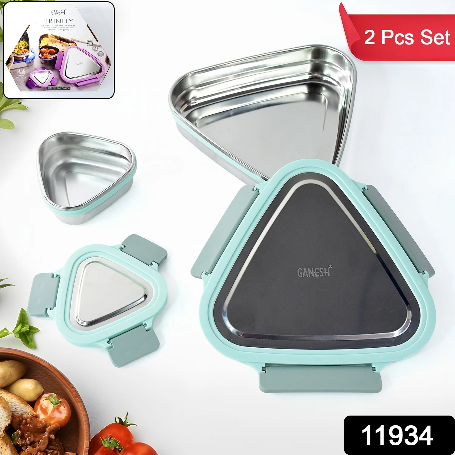 Triangle Stainless Steel Lunch Box Set – Compact Leakproof 2-Piece Tiffin - Image 2