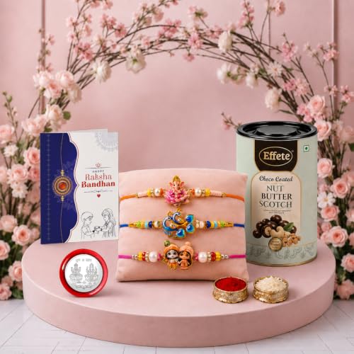 Ganesha, Peacock Rakhi Combo - Raksha Bandhan Gift with Choco Butterscotch 96gm, Pack of 7 - Image 2