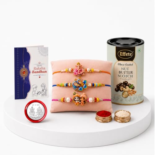 Ganesha, Peacock Rakhi Combo - Raksha Bandhan Gift with Choco Butterscotch 96gm, Pack of 7 - Image 6