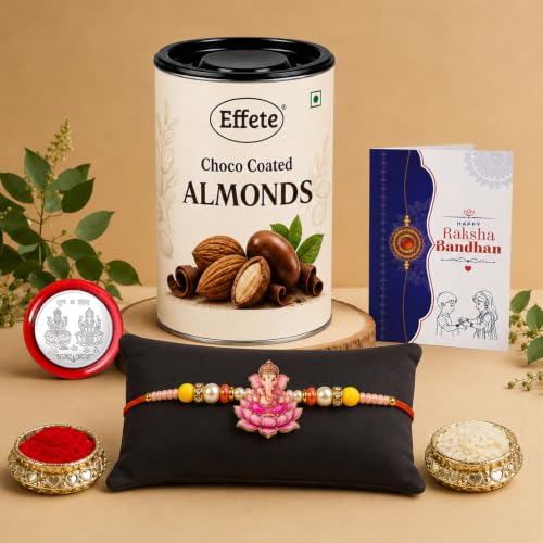 Ganesha Rakhi Combo - Raksha Bandhan Gift with Choco Almonds 96gm, Pack of 5 | Rakhi Gift - Image 2