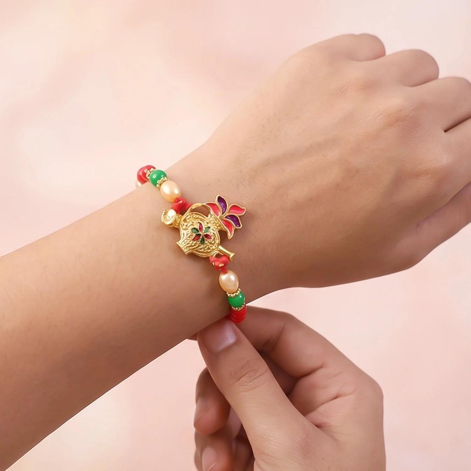 Ganesha Red Green Beads Rakhi for Brother Bhai Raksha Bandhan Festival Special Gift - Image 4