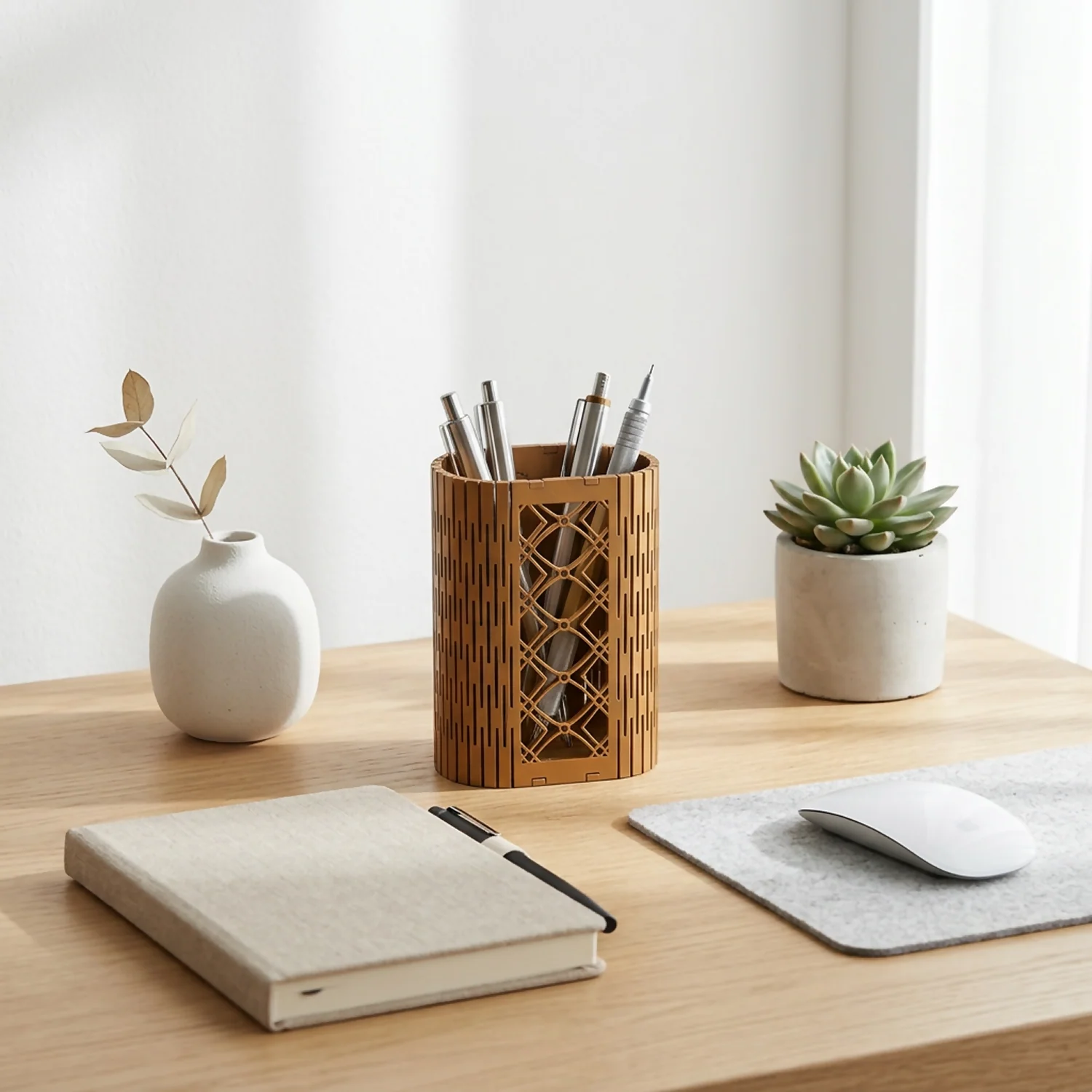 Wooden Pen Holder – Geometric Lattice MDF Desk Organizer - Image 2