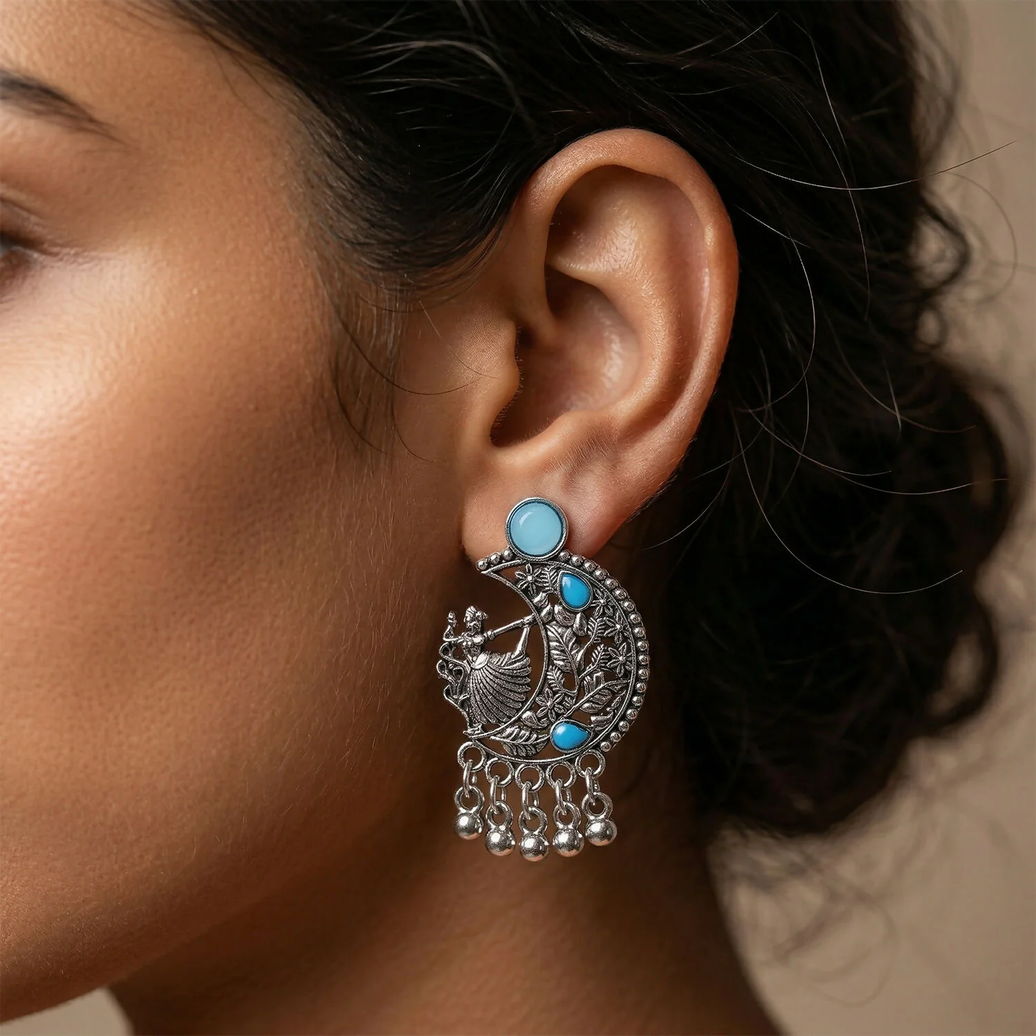 German Silver Chandbali Earrings – Sky Blue Stones & Ghungroo - Image 2