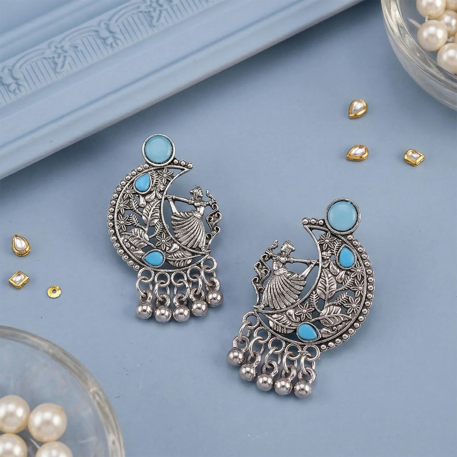 German Silver Chandbali Earrings – Sky Blue Stones & Ghungroo - Image 3
