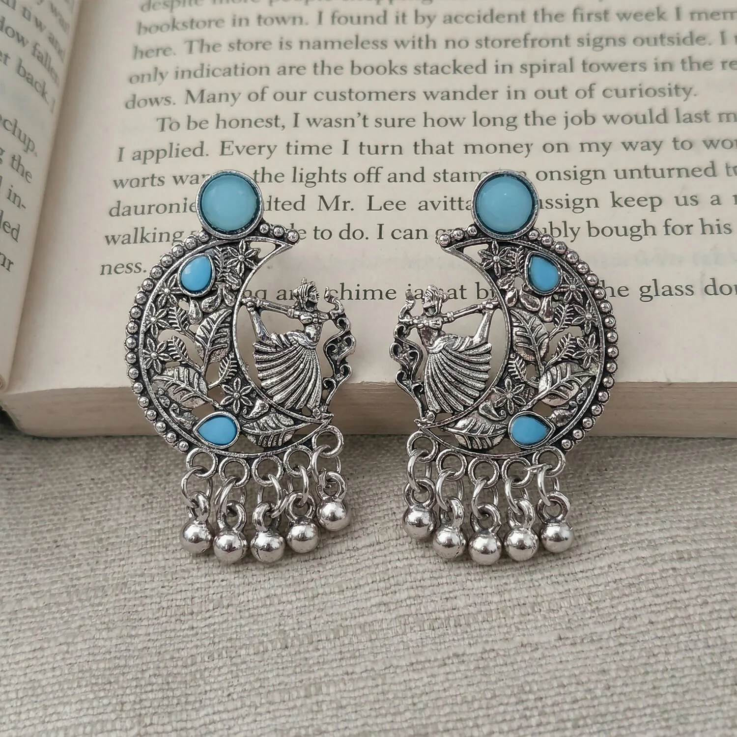 German Silver Chandbali Earrings – Sky Blue Stones & Ghungroo - Image 4
