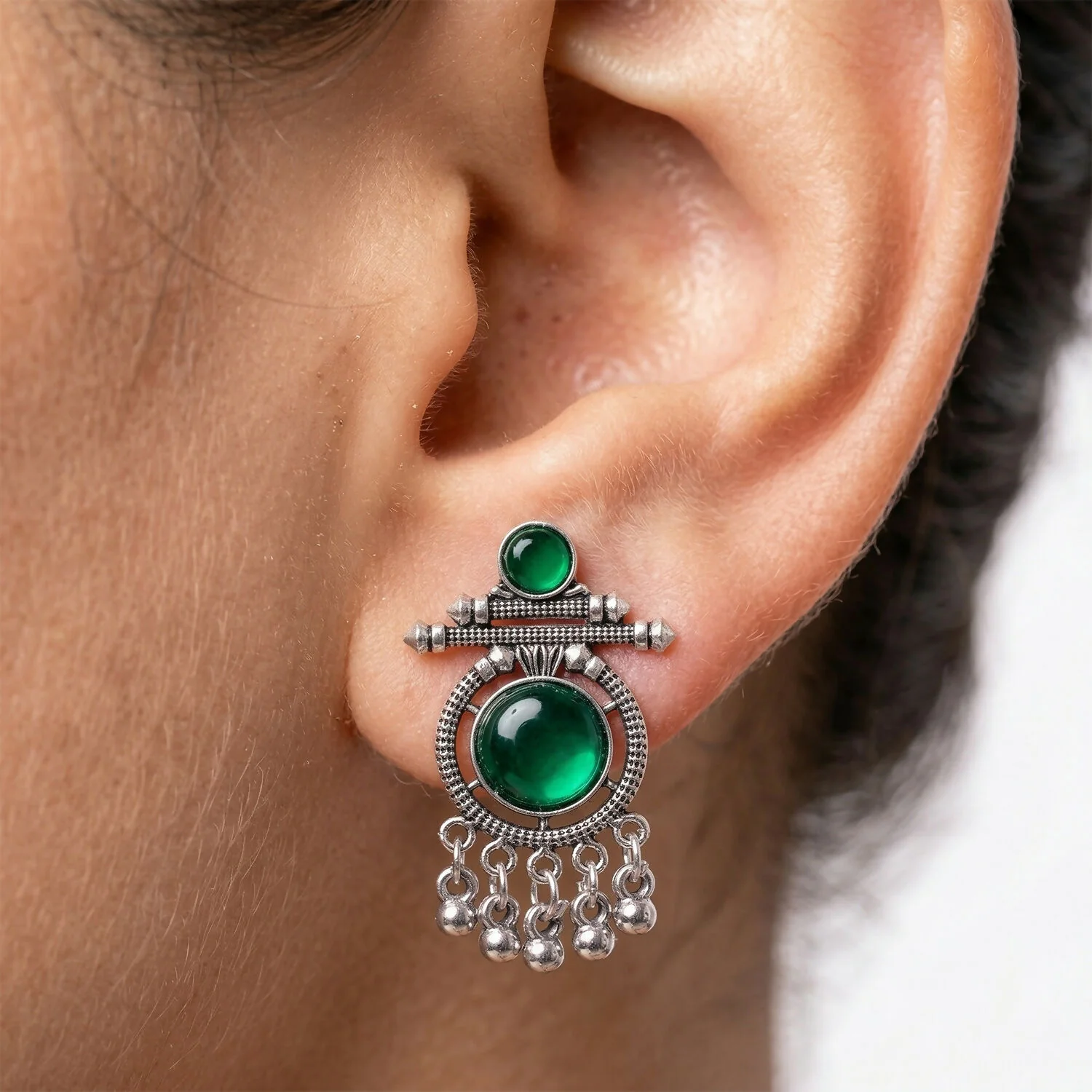 German Silver Green Stone Earrings – Festive & Party Style - Image 2