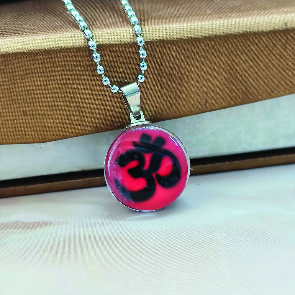 Orange Enamel Om Pendant with Glass Frame for Spiritual Style - Image 2