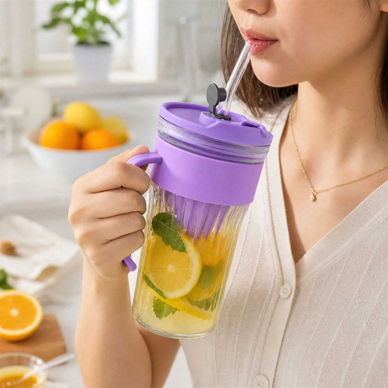 Glass Tumbler – Reusable Cold Beverage Mug with Lid and Straw - Image 6