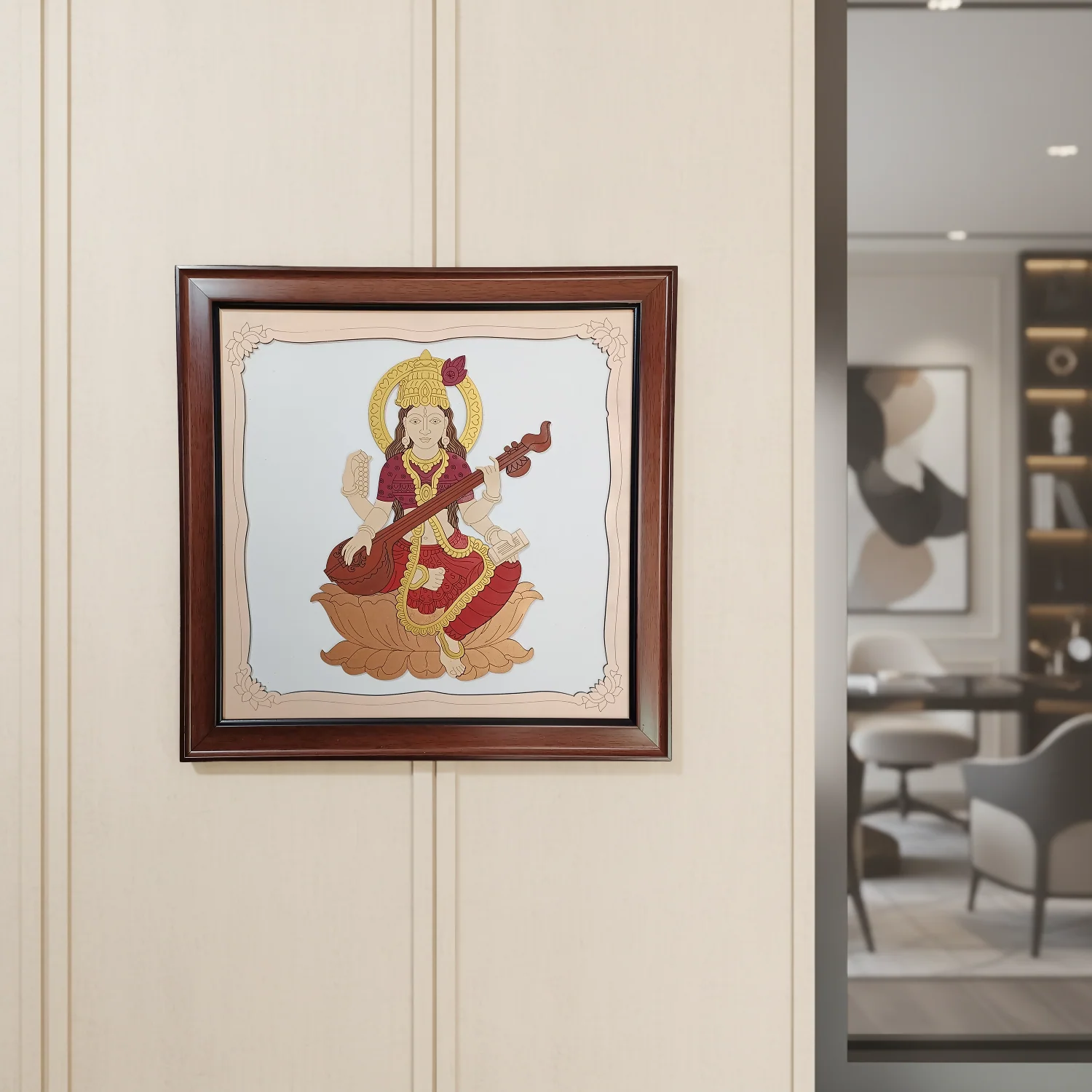 Goddess Saraswati Wooden Framed Wall Art – Handcrafted Spiritual Decor - Image 3