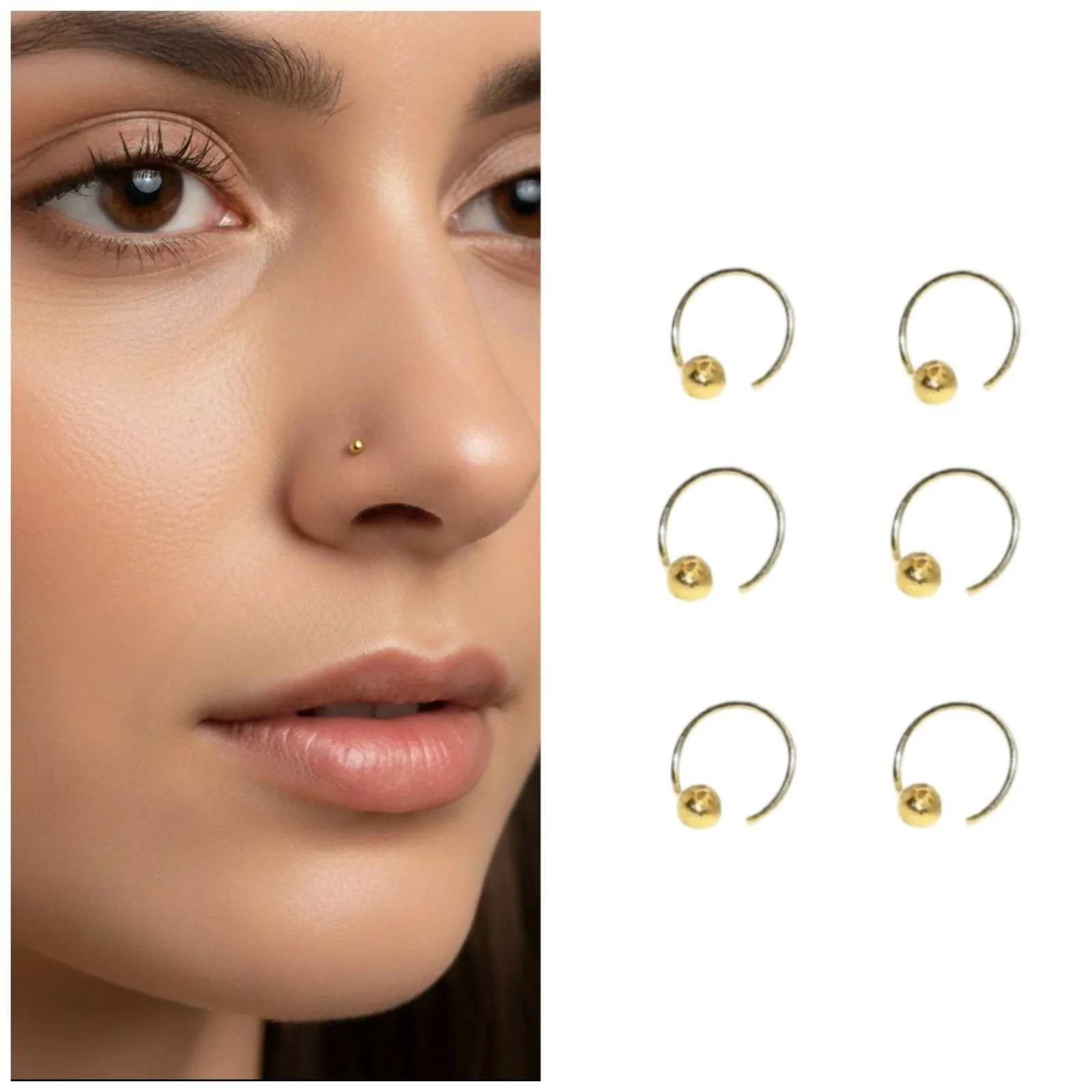 Gold Ball Nose Stud Pack – 6 Elegant Nose Rings for Women