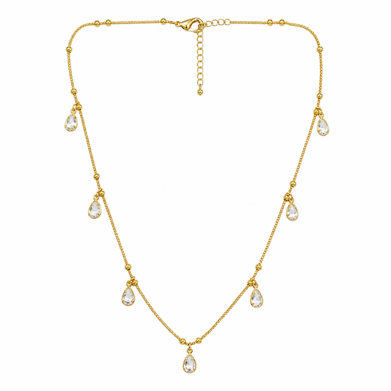 Gold Beaded Chain Clear CZ Teardrop Dangling Charm Necklace Adjustable Women - Image 3