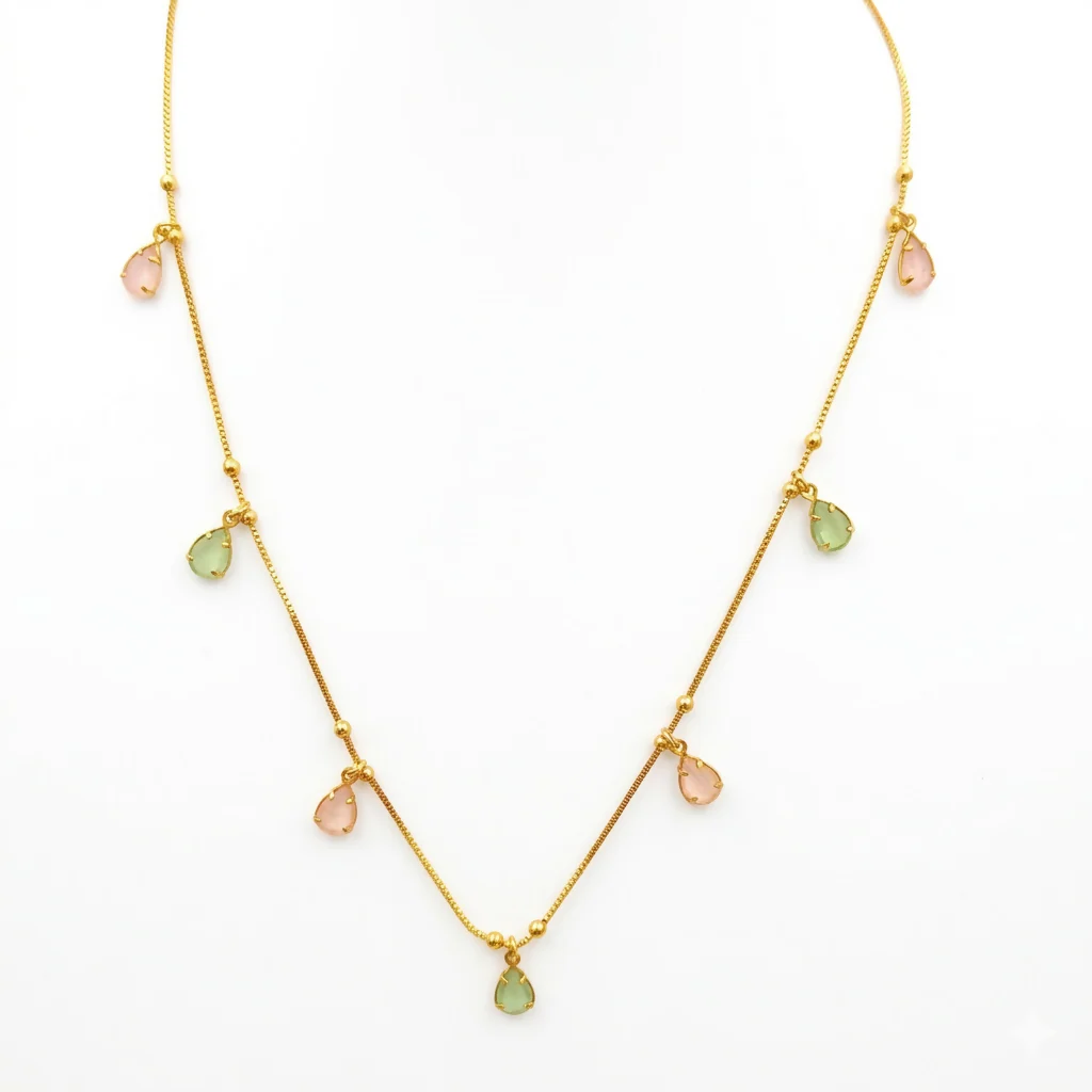 Gold Beaded Chain Pastel Teardrop Charm Necklace Pink Green CZ Drops for Women - Image 3
